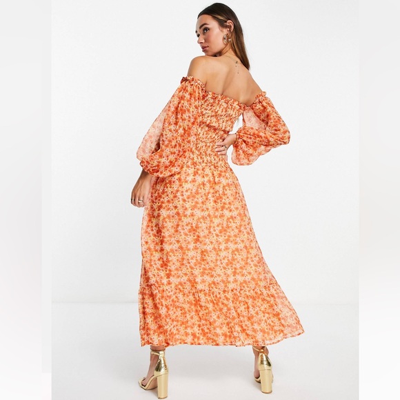 NWT ASOS OFF-SHOULDER SZ 10 DITSY FLORAL SHIRRED MAXI DRESS SHADES of ORANGE - Picture 3 of 15